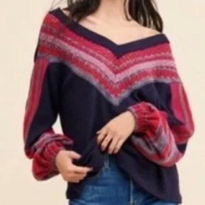 Free People Copenhagen Thermal Sweater Blue Navy Pink Top - Small (fits like Lg)